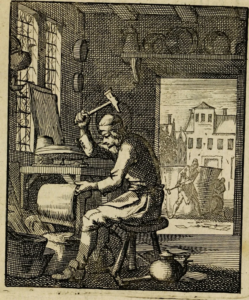 An illustration from Spiegel van het menselyk bedryf: vertoonende honderd verscheiden ambachten, konstig afgebeeld en met godlyke spreuken en stichtelyke verzen verryke, 1730, leaf 69