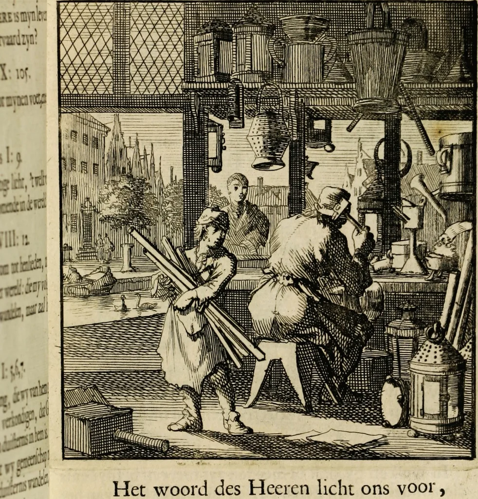 An illustration from Spiegel van het menselyk bedryf: vertoonende honderd verscheiden ambachten, konstig afgebeeld en met godlyke spreuken en stichtelyke verzen verryke, 1730, leaf 71