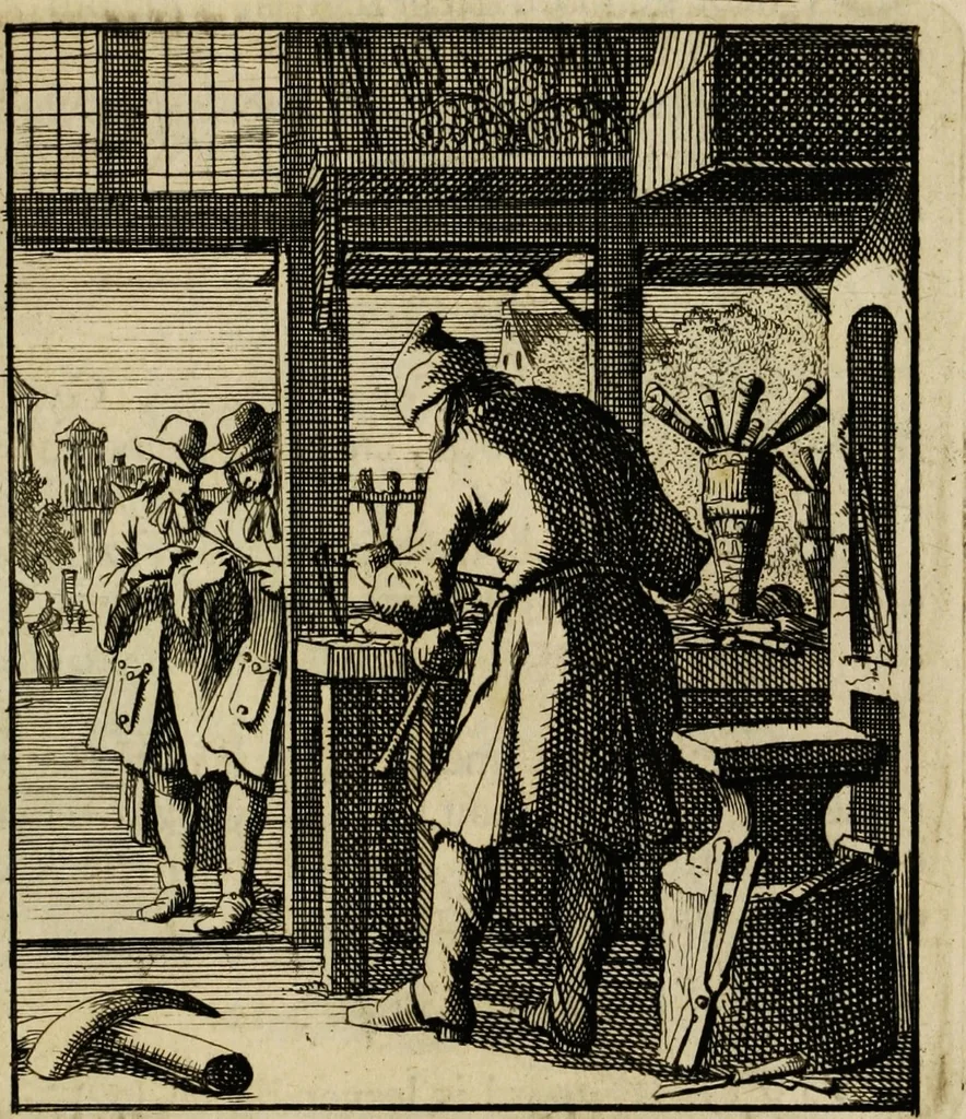 An illustration from Spiegel van het menselyk bedryf: vertoonende honderd verscheiden ambachten, konstig afgebeeld en met godlyke spreuken en stichtelyke verzen verryke, 1730, leaf 73