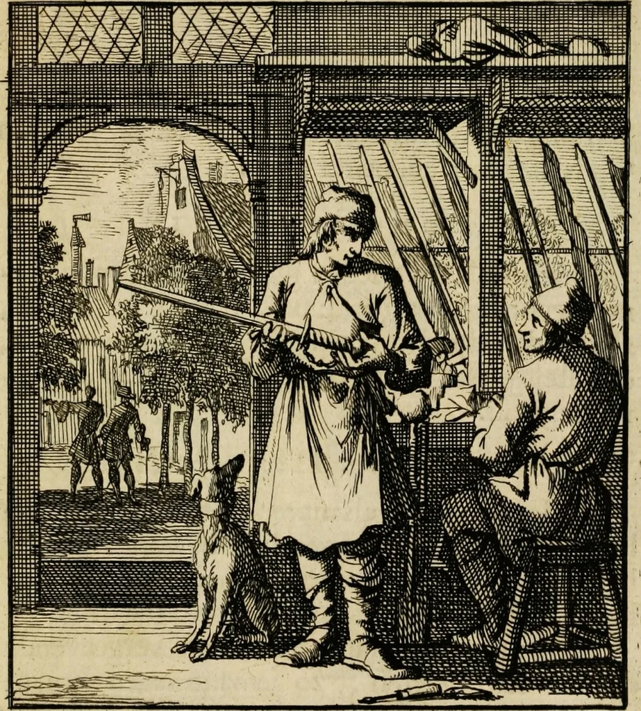 An illustration from Spiegel van het menselyk bedryf: vertoonende honderd verscheiden ambachten, konstig afgebeeld en met godlyke spreuken en stichtelyke verzen verryke, 1730, leaf 75