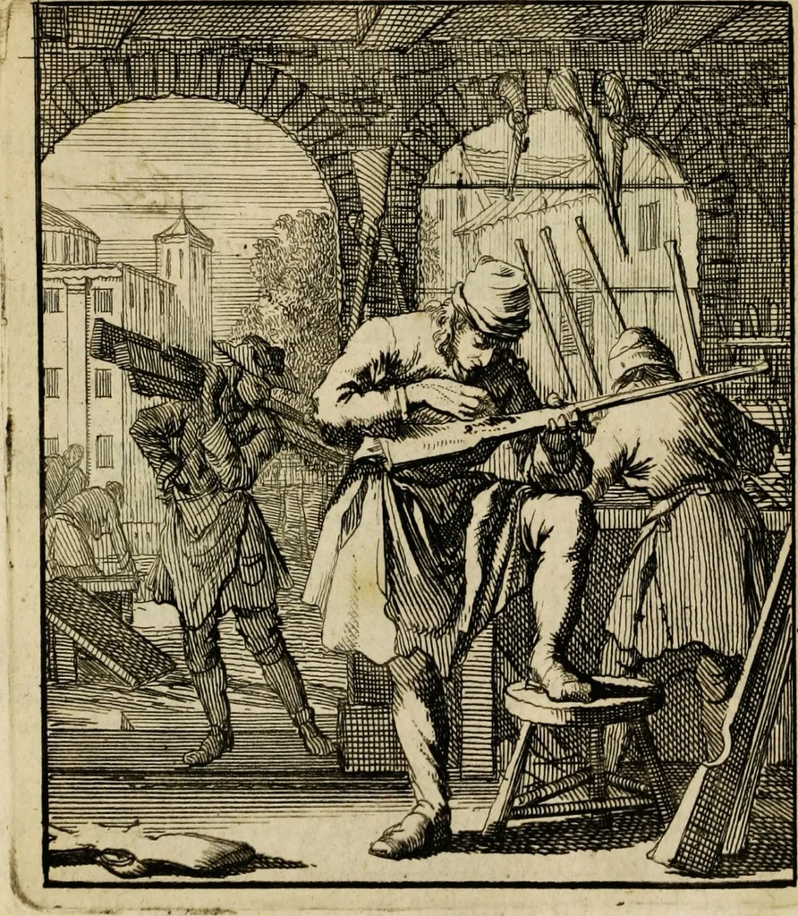 An illustration from Spiegel van het menselyk bedryf: vertoonende honderd verscheiden ambachten, konstig afgebeeld en met godlyke spreuken en stichtelyke verzen verryke, 1730, leaf 77