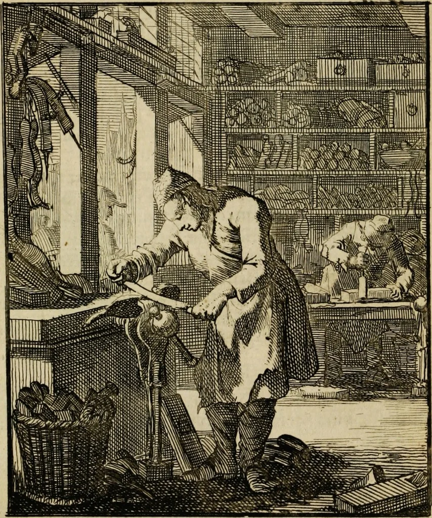 An illustration from Spiegel van het menselyk bedryf: vertoonende honderd verscheiden ambachten, konstig afgebeeld en met godlyke spreuken en stichtelyke verzen verryke, 1730, leaf 79