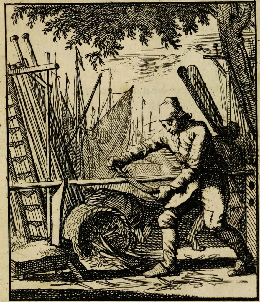 An illustration from Spiegel van het menselyk bedryf: vertoonende honderd verscheiden ambachten, konstig afgebeeld en met godlyke spreuken en stichtelyke verzen verryke, 1730, leaf 81