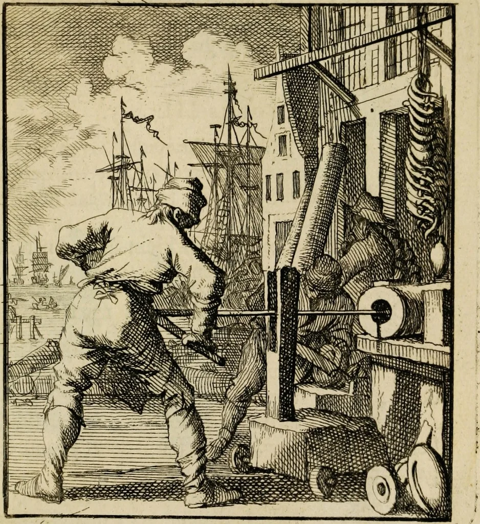 An illustration from Spiegel van het menselyk bedryf: vertoonende honderd verscheiden ambachten, konstig afgebeeld en met godlyke spreuken en stichtelyke verzen verryke, 1730, leaf 83
