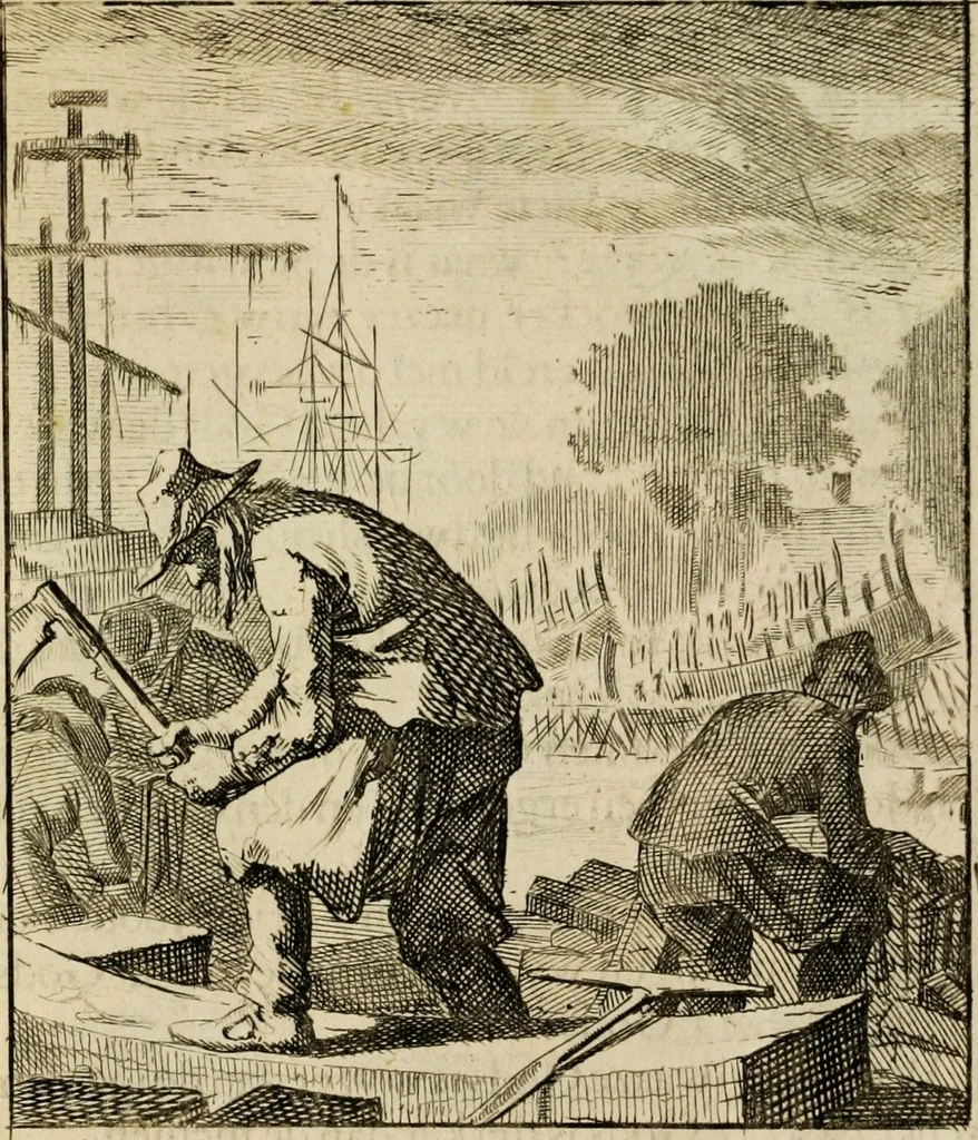An illustration from Spiegel van het menselyk bedryf: vertoonende honderd verscheiden ambachten, konstig afgebeeld en met godlyke spreuken en stichtelyke verzen verryke, 1730, leaf 85