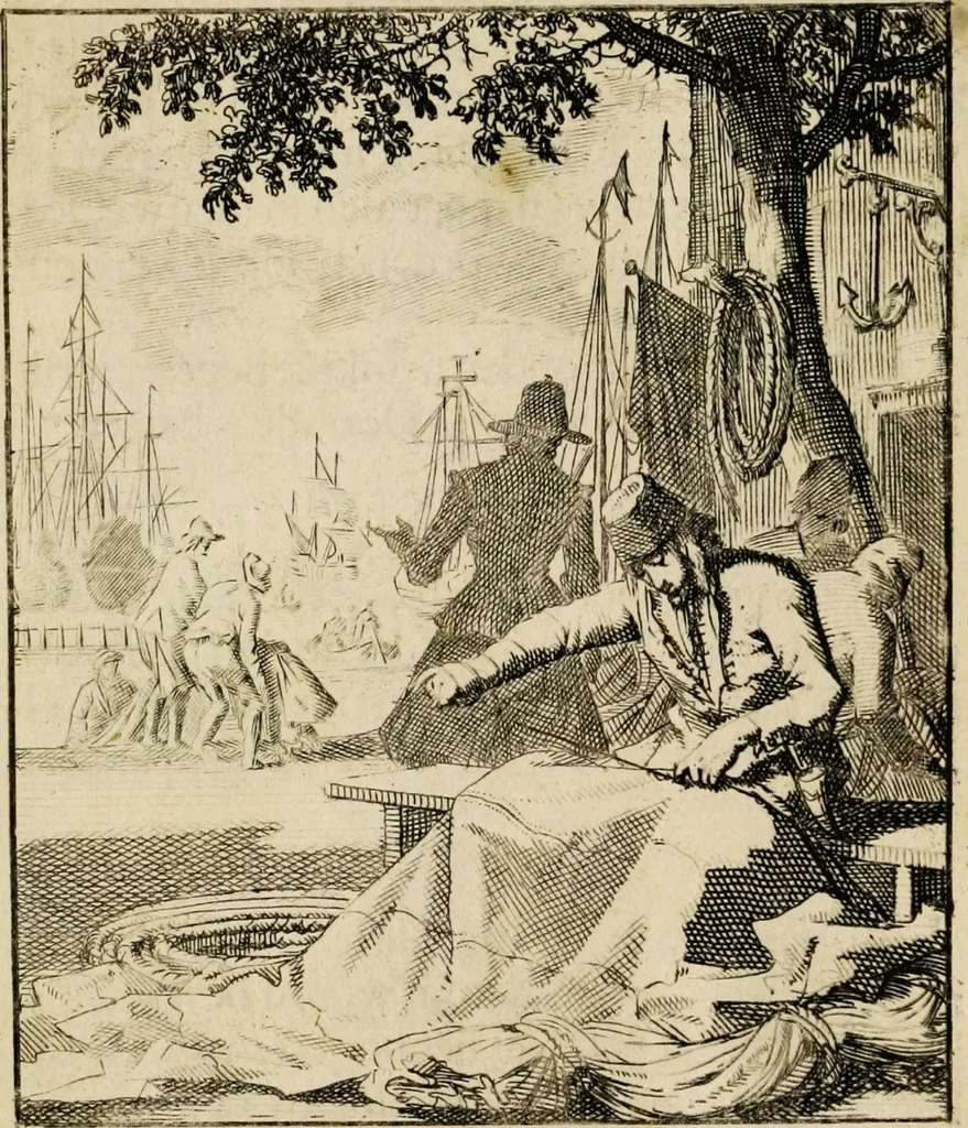 An illustration from Spiegel van het menselyk bedryf: vertoonende honderd verscheiden ambachten, konstig afgebeeld en met godlyke spreuken en stichtelyke verzen verryke, 1730, leaf 89