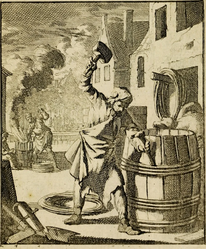 An illustration from Spiegel van het menselyk bedryf: vertoonende honderd verscheiden ambachten, konstig afgebeeld en met godlyke spreuken en stichtelyke verzen verryke, 1730, leaf 91