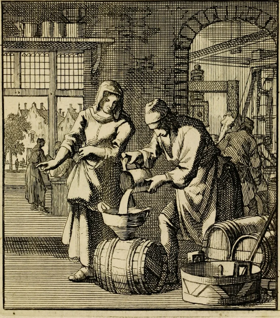 An illustration from Spiegel van het menselyk bedryf: vertoonende honderd verscheiden ambachten, konstig afgebeeld en met godlyke spreuken en stichtelyke verzen verryke, 1730, leaf 93