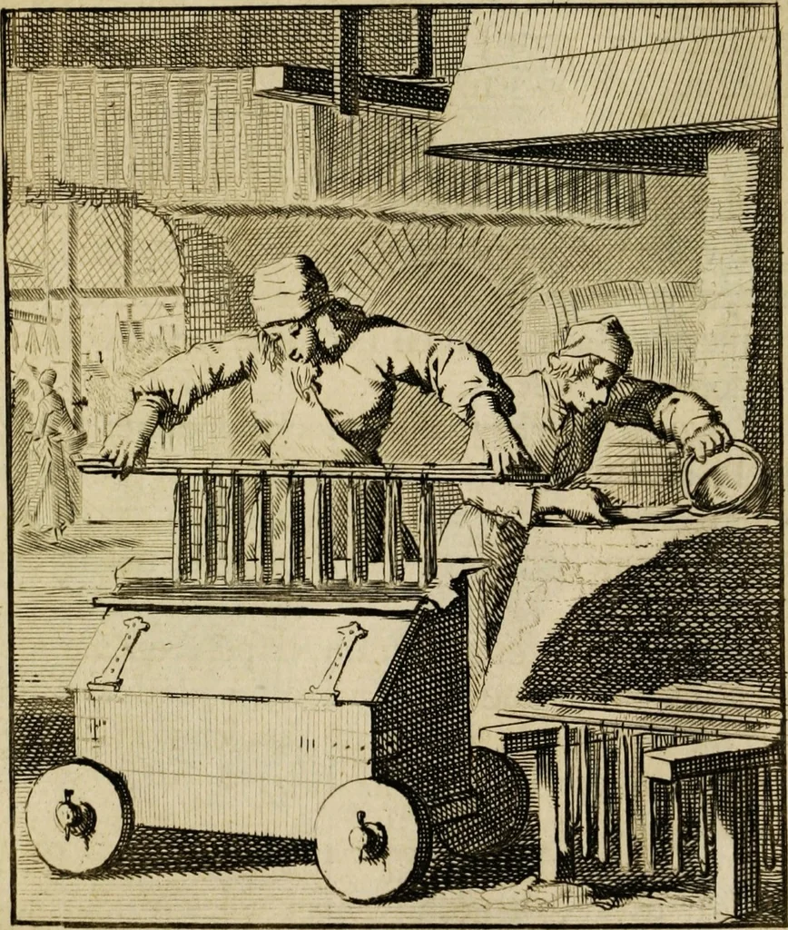 An illustration from Spiegel van het menselyk bedryf: vertoonende honderd verscheiden ambachten, konstig afgebeeld en met godlyke spreuken en stichtelyke verzen verryke, 1730, leaf 95