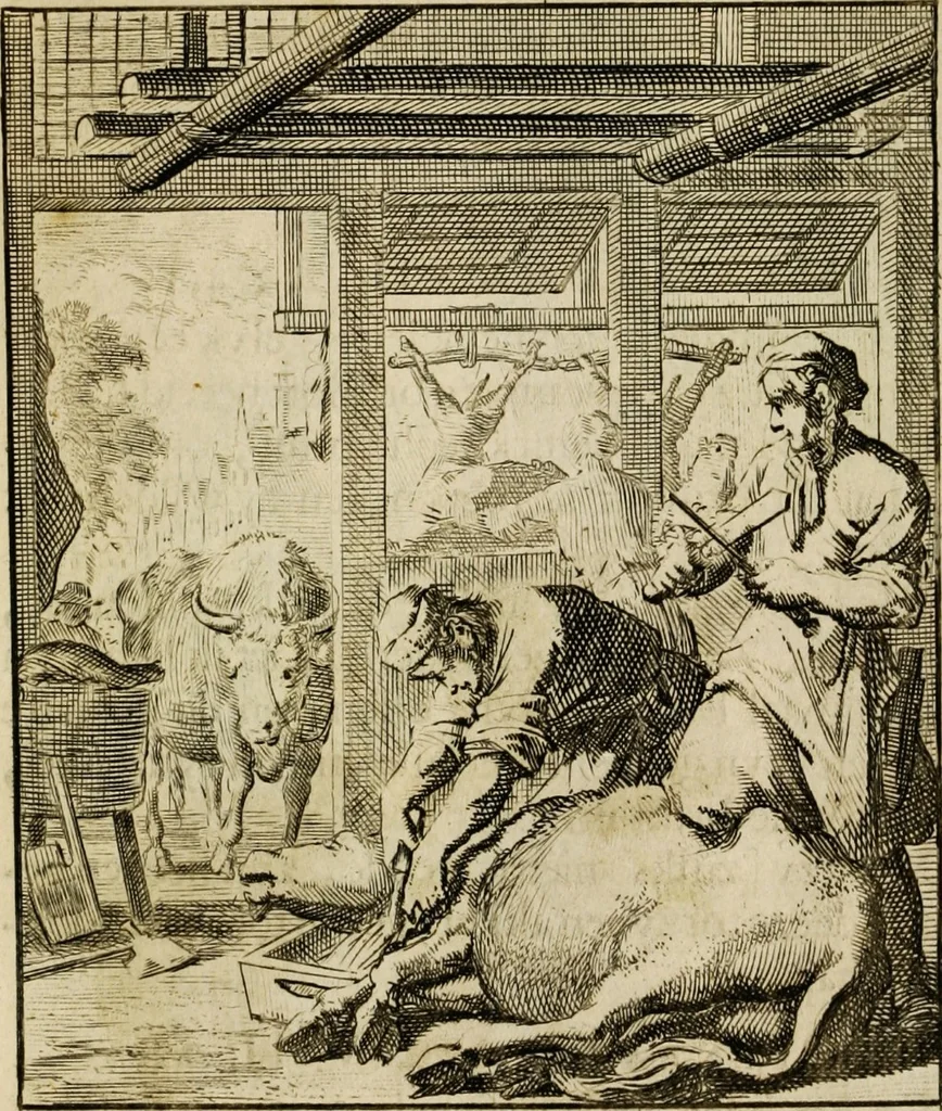 An illustration from Spiegel van het menselyk bedryf: vertoonende honderd verscheiden ambachten, konstig afgebeeld en met godlyke spreuken en stichtelyke verzen verryke, 1730, leaf 97