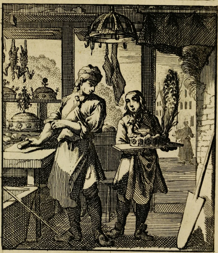 An illustration from Spiegel van het menselyk bedryf: vertoonende honderd verscheiden ambachten, konstig afgebeeld en met godlyke spreuken en stichtelyke verzen verryke, 1730, leaf 99