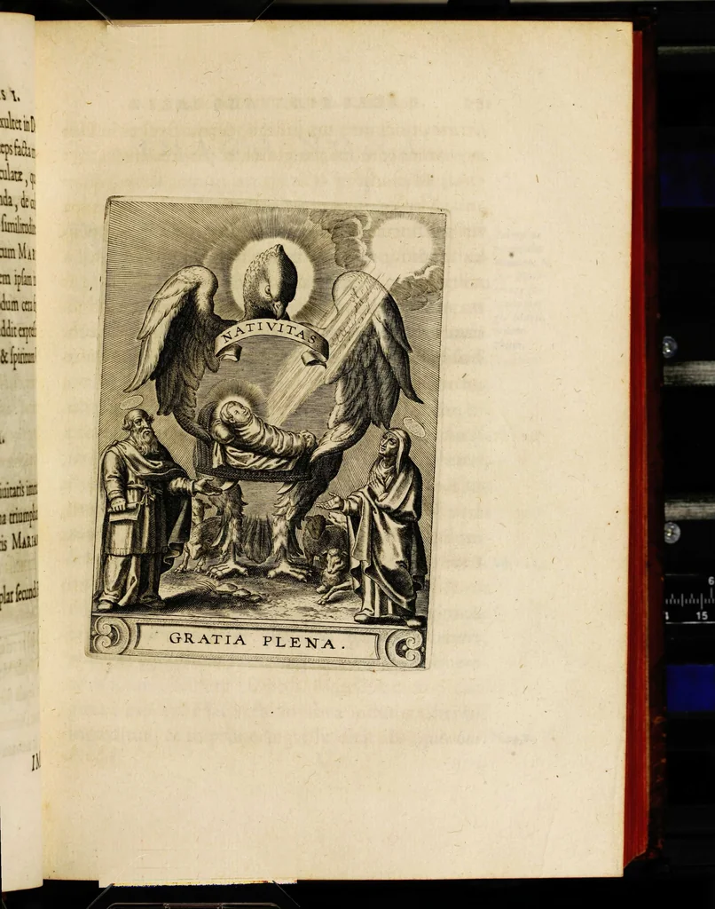An illustration from Sacrum oratorium piarum imaginum immaculatae Mariae et animae creatae ac baptismo, poenitentia, et eucharistia innouatae [electronic resource]: ars noua bene viuendi et moriendi, sacris piarum imaginum emblematis figurata & illustrata, 1634, leaf 105