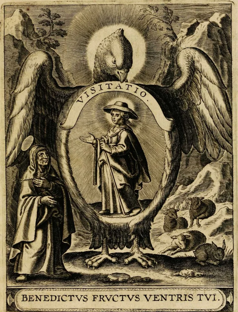 An illustration from Sacrum oratorium piarum imaginum immaculatae Mariae et animae creatae ac baptismo, poenitentia, et eucharistia innouatae [electronic resource]: ars noua bene viuendi et moriendi, sacris piarum imaginum emblematis figurata & illustrata, 1634, leaf 135