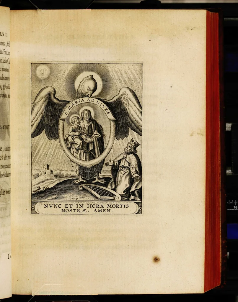 An illustration from Sacrum oratorium piarum imaginum immaculatae Mariae et animae creatae ac baptismo, poenitentia, et eucharistia innouatae [electronic resource]: ars noua bene viuendi et moriendi, sacris piarum imaginum emblematis figurata & illustrata, 1634, leaf 177