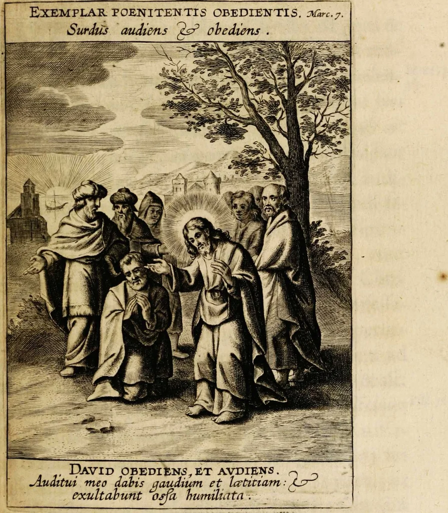 An illustration from Sacrum oratorium piarum imaginum immaculatae Mariae et animae creatae ac baptismo, poenitentia, et eucharistia innouatae [electronic resource]: ars noua bene viuendi et moriendi, sacris piarum imaginum emblematis figurata & illustrata, 1634, leaf 341
