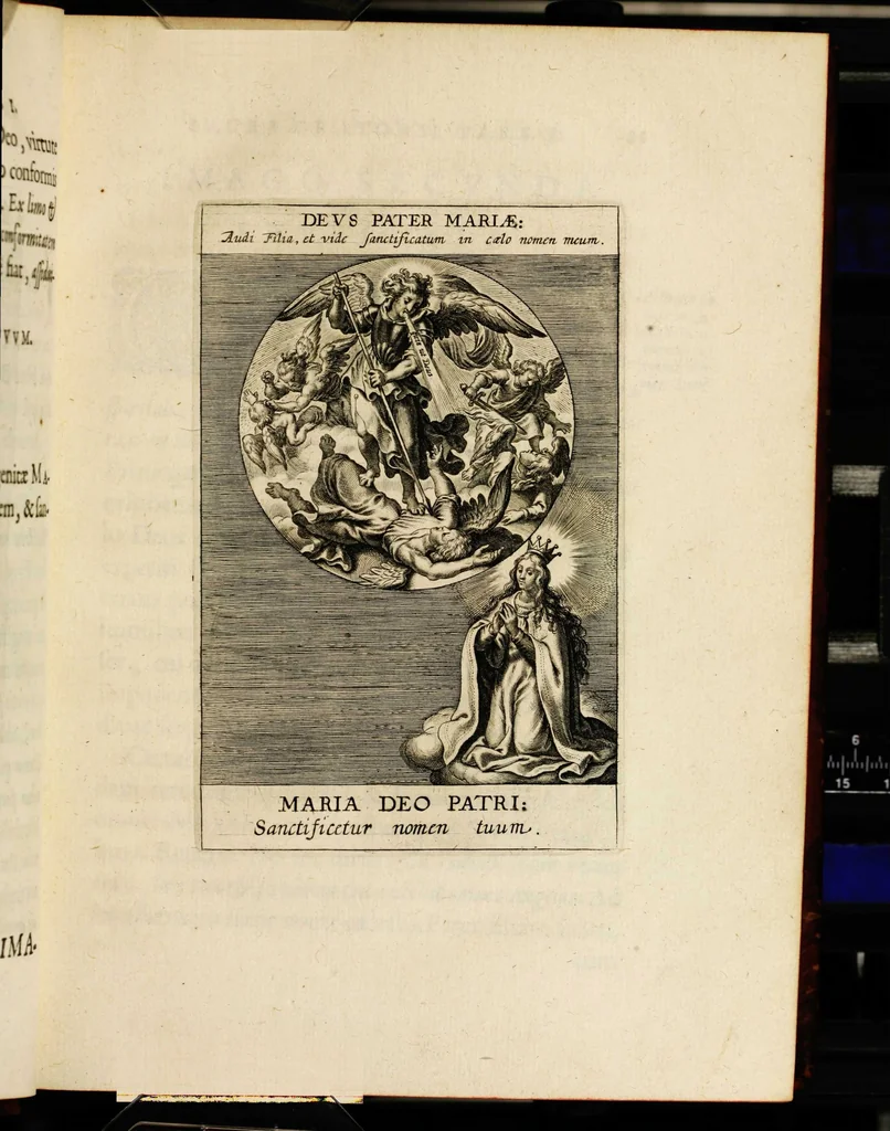 An illustration from Sacrum oratorium piarum imaginum immaculatae Mariae et animae creatae ac baptismo, poenitentia, et eucharistia innouatae [electronic resource]: ars noua bene viuendi et moriendi, sacris piarum imaginum emblematis figurata & illustrata, 1634, leaf 39