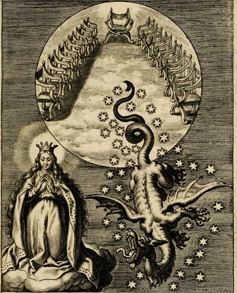 An illustration from Sacrum oratorium piarum imaginum immaculatae Mariae et animae creatae ac baptismo, poenitentia, et eucharistia innouatae [electronic resource]: ars noua bene viuendi et moriendi, sacris piarum imaginum emblematis figurata & illustrata, 1634, leaf 47