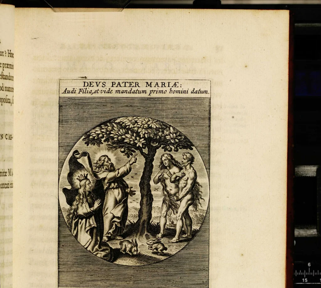 An illustration from Sacrum oratorium piarum imaginum immaculatae Mariae et animae creatae ac baptismo, poenitentia, et eucharistia innouatae [electronic resource]: ars noua bene viuendi et moriendi, sacris piarum imaginum emblematis figurata & illustrata, 1634, leaf 55