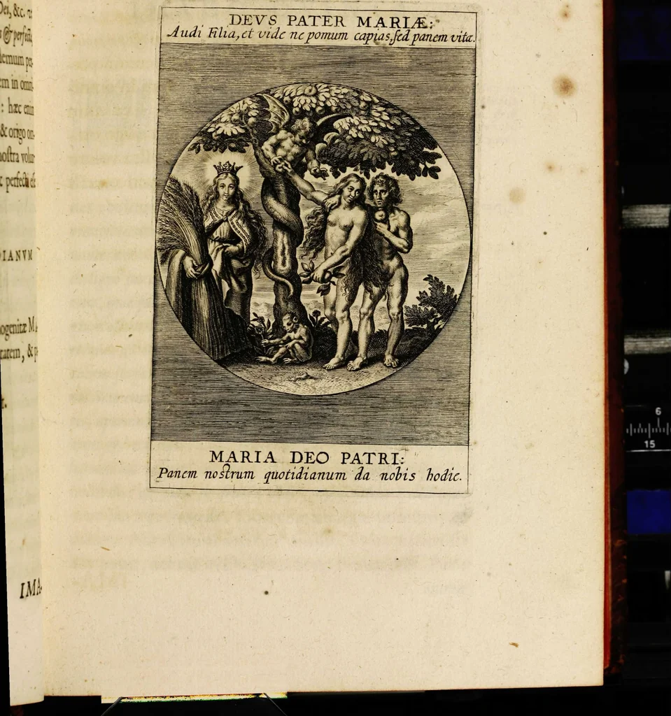 An illustration from Sacrum oratorium piarum imaginum immaculatae Mariae et animae creatae ac baptismo, poenitentia, et eucharistia innouatae [electronic resource]: ars noua bene viuendi et moriendi, sacris piarum imaginum emblematis figurata & illustrata, 1634, leaf 63