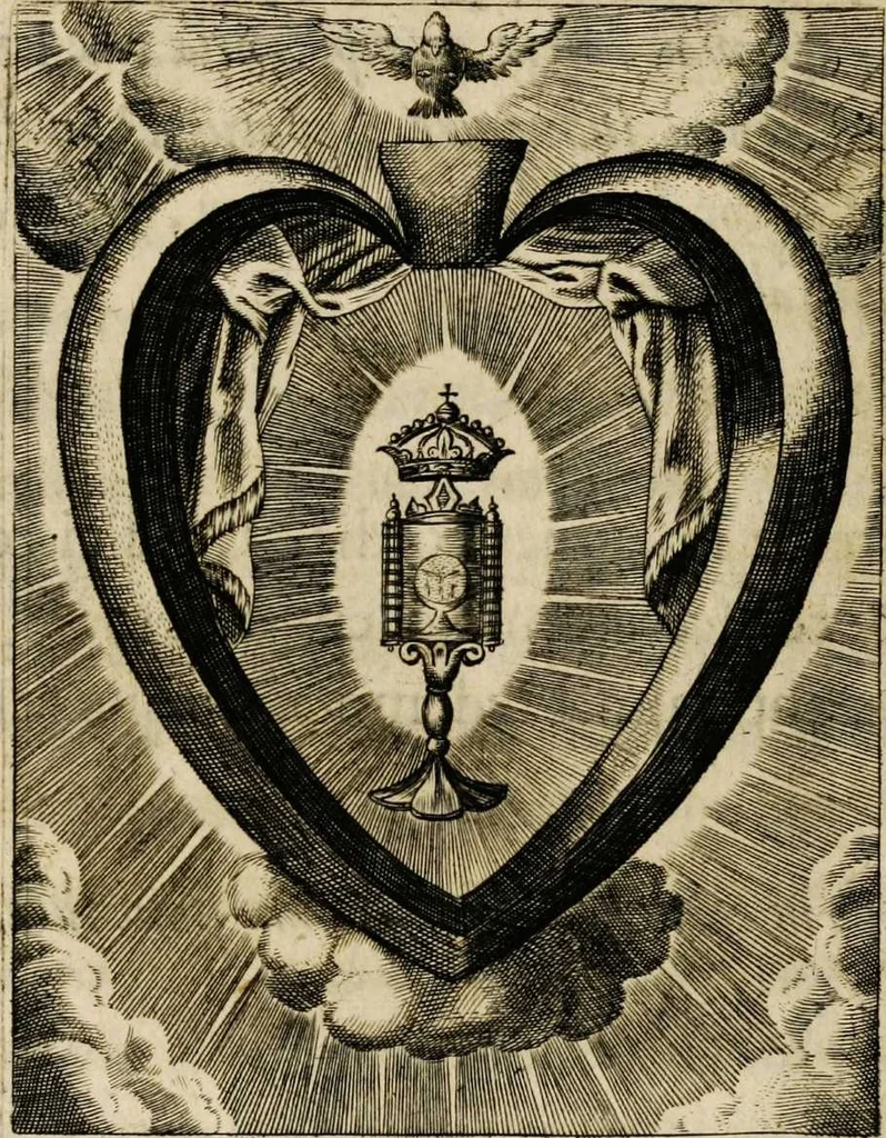 An illustration from Sacrum oratorium piarum imaginum immaculatae Mariae et animae creatae ac baptismo, poenitentia, et eucharistia innouatae [electronic resource]: ars noua bene viuendi et moriendi, sacris piarum imaginum emblematis figurata & illustrata, 1634, leaf 734