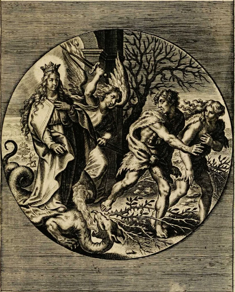 An illustration from Sacrum oratorium piarum imaginum immaculatae Mariae et animae creatae ac baptismo, poenitentia, et eucharistia innouatae [electronic resource]: ars noua bene viuendi et moriendi, sacris piarum imaginum emblematis figurata & illustrata, 1634, leaf 85