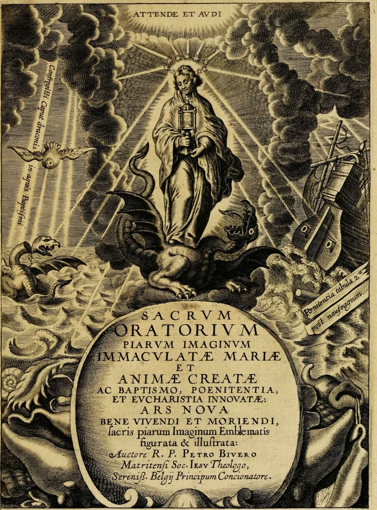 An illustration from Sacrum oratorium piarum imaginum immaculatae Mariae et animae creatae ac baptismo, poenitentia, et eucharistia innouatae [electronic resource]: ars noua bene viuendi et moriendi, sacris piarum imaginum emblematis figurata & illustrata, 1634, leaf 9