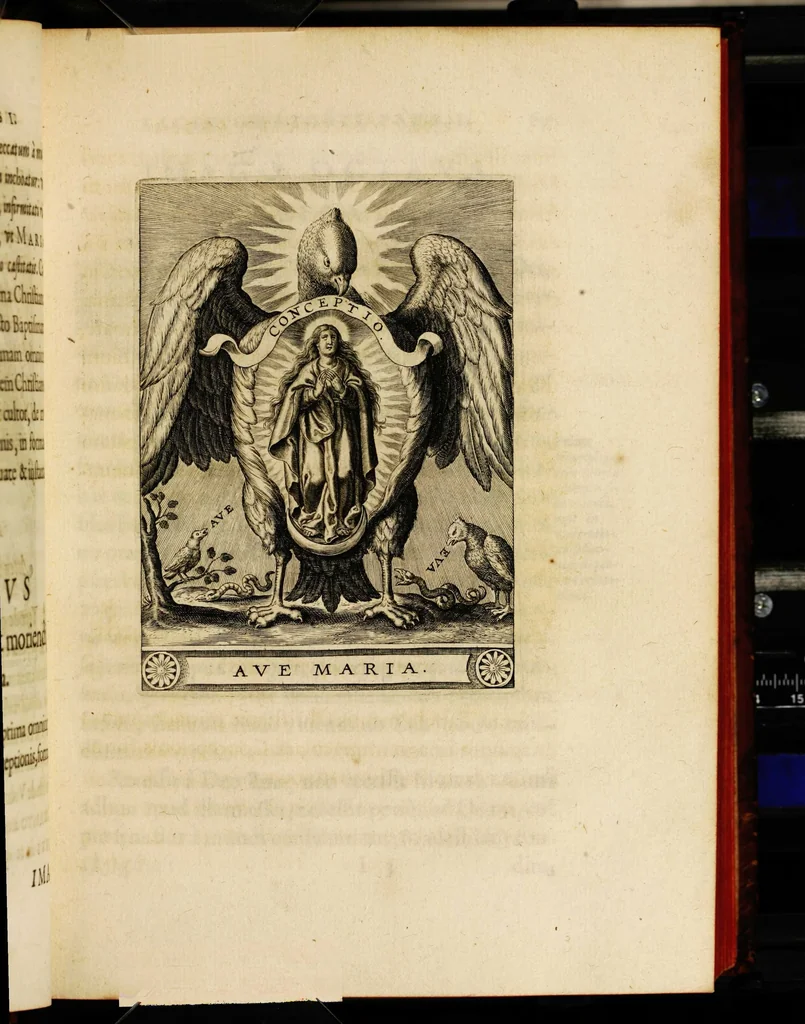 An illustration from Sacrum oratorium piarum imaginum immaculatae Mariae et animae creatae ac baptismo, poenitentia, et eucharistia innouatae [electronic resource]: ars noua bene viuendi et moriendi, sacris piarum imaginum emblematis figurata & illustrata, 1634, leaf 93