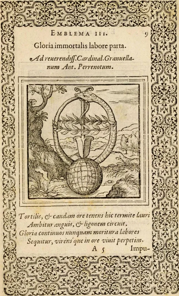 An illustration from Hadriani Iunii medici Emblemata, ad D. Arnoldum Cobelium [electronic resource]: eiusdem Aenigmatum libellus, ad D. Arnoldum Rosenbergum, 1565, leaf 15
