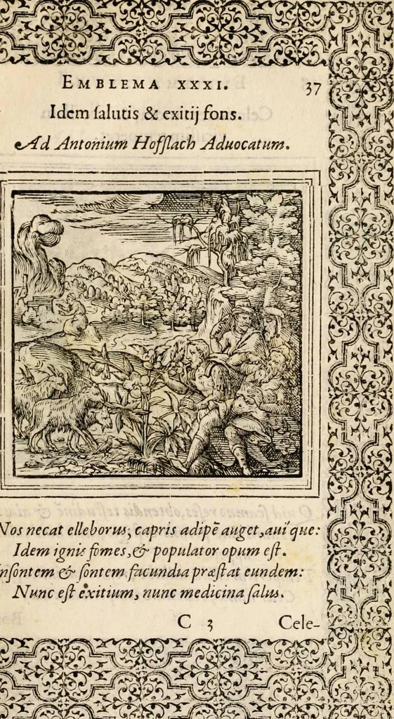 An illustration from Hadriani Iunii medici Emblemata, ad D. Arnoldum Cobelium [electronic resource]: eiusdem Aenigmatum libellus, ad D. Arnoldum Rosenbergum, 1565, leaf 43