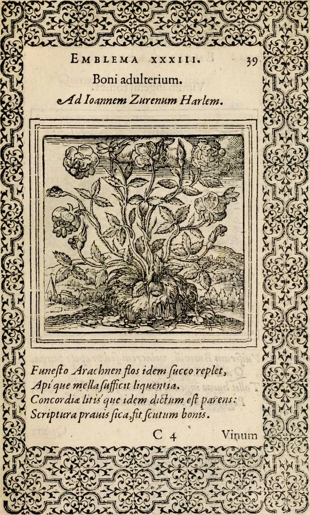 An illustration from Hadriani Iunii medici Emblemata, ad D. Arnoldum Cobelium [electronic resource]: eiusdem Aenigmatum libellus, ad D. Arnoldum Rosenbergum, 1565, leaf 45