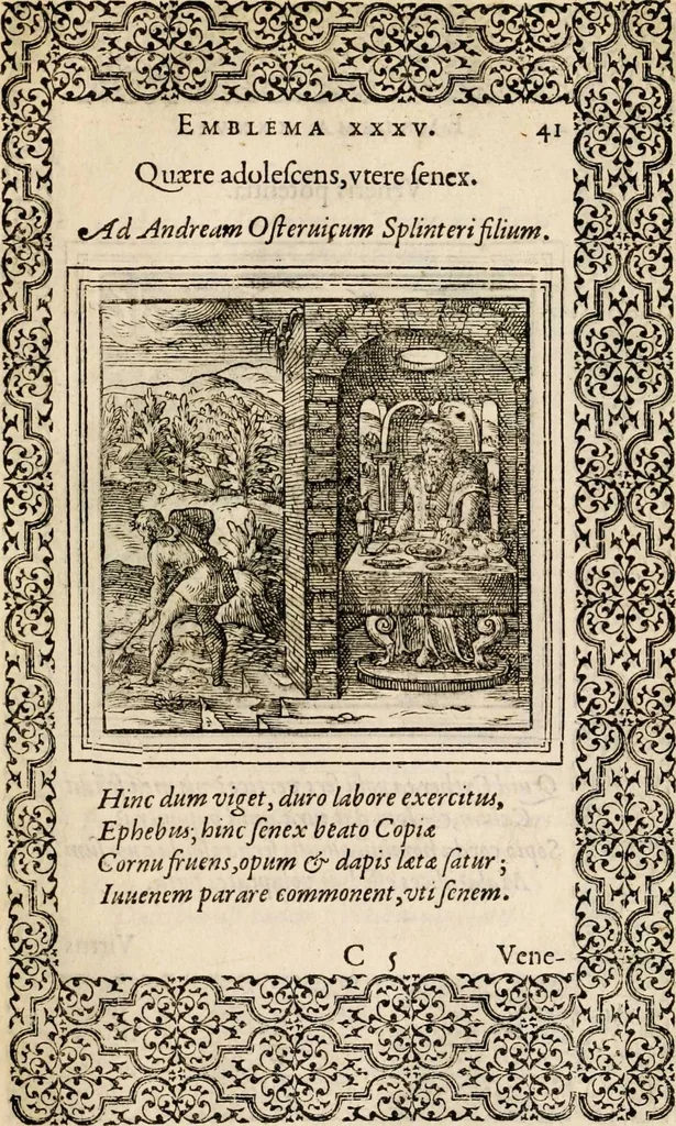 An illustration from Hadriani Iunii medici Emblemata, ad D. Arnoldum Cobelium [electronic resource]: eiusdem Aenigmatum libellus, ad D. Arnoldum Rosenbergum, 1565, leaf 47