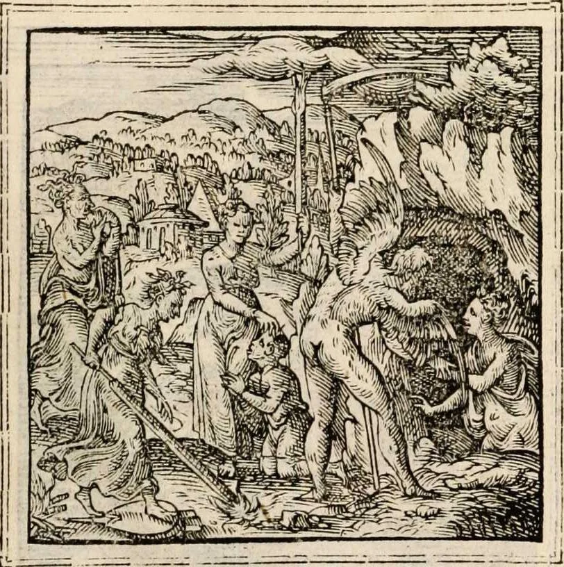 An illustration from Hadriani Iunii medici Emblemata, ad D. Arnoldum Cobelium [electronic resource]: eiusdem Aenigmatum libellus, ad D. Arnoldum Rosenbergum, 1565, leaf 65