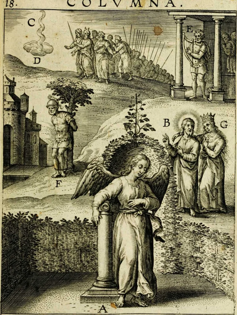 An illustration from Paradisus sponsi et sponsae in quo messis myrrhae et aromatum ex instrumentis ac mysterijs passionis Christi colligenda, vt ei commoriamur : et, Pancarpium Marianum, septemplici titulorum serie distinctum, vt in B. Virginis odorem curramus, et Christus formetur in nobis, 1618, leaf 127