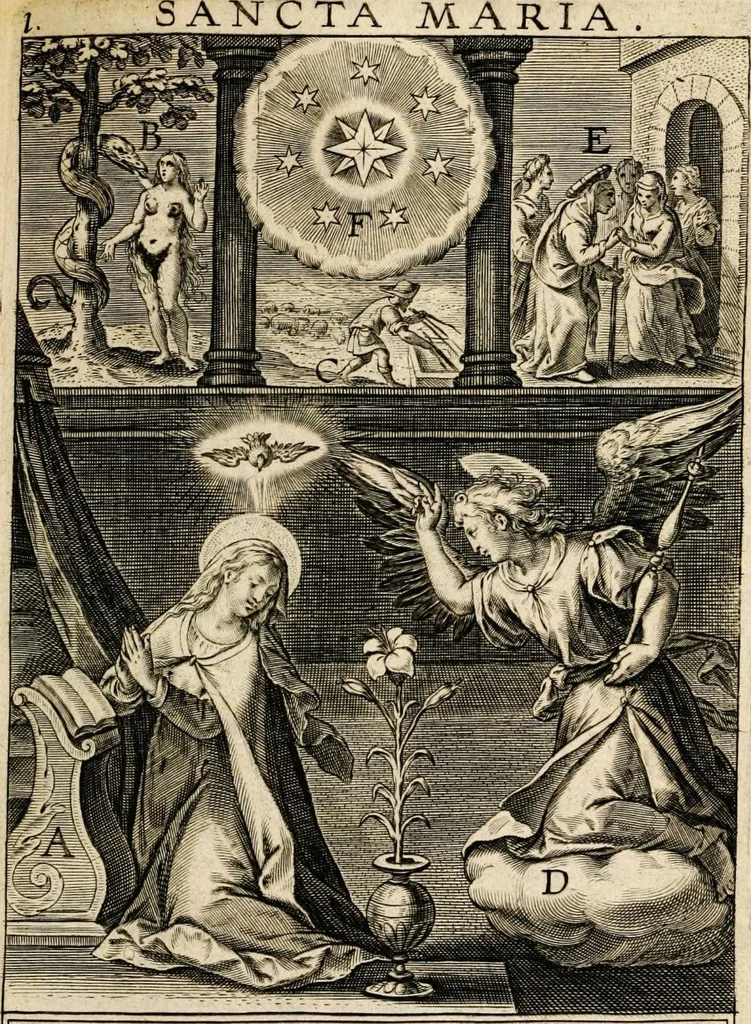 An illustration from Paradisus sponsi et sponsae in quo messis myrrhae et aromatum ex instrumentis ac mysterijs passionis Christi colligenda, vt ei commoriamur : et, Pancarpium Marianum, septemplici titulorum serie distinctum, vt in B. Virginis odorem curramus, et Christus formetur in nobis, 1618, leaf 357