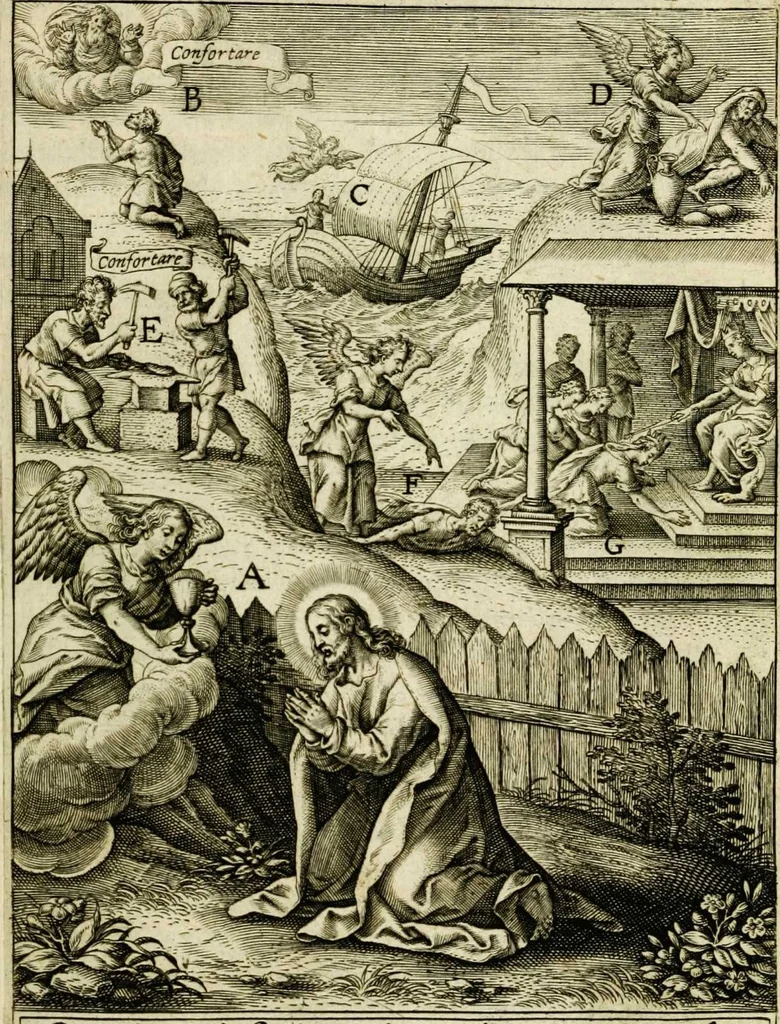 An illustration from Paradisus sponsi et sponsae in quo messis myrrhae et aromatum ex instrumentis ac mysterijs passionis Christi colligenda, vt ei commoriamur : et, Pancarpium Marianum, septemplici titulorum serie distinctum, vt in B. Virginis odorem curramus, et Christus formetur in nobis, 1618, leaf 37