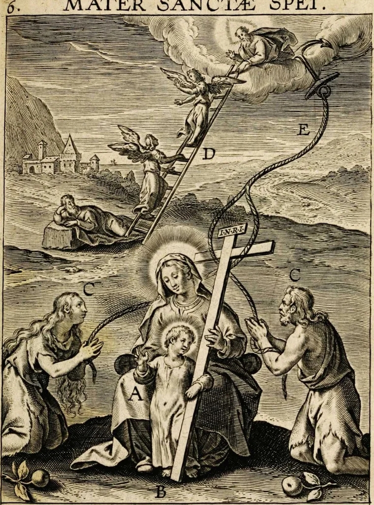 An illustration from Paradisus sponsi et sponsae in quo messis myrrhae et aromatum ex instrumentis ac mysterijs passionis Christi colligenda, vt ei commoriamur : et, Pancarpium Marianum, septemplici titulorum serie distinctum, vt in B. Virginis odorem curramus, et Christus formetur in nobis, 1618, leaf 393