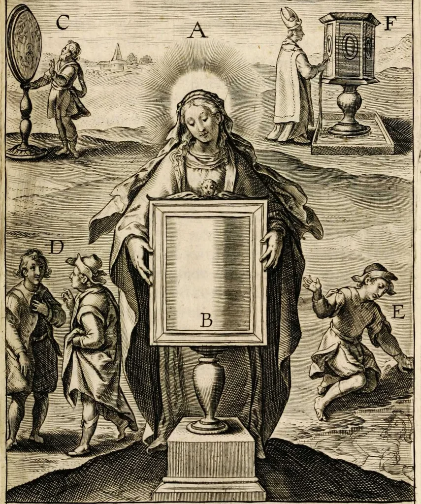 An illustration from Paradisus sponsi et sponsae in quo messis myrrhae et aromatum ex instrumentis ac mysterijs passionis Christi colligenda, vt ei commoriamur : et, Pancarpium Marianum, septemplici titulorum serie distinctum, vt in B. Virginis odorem curramus, et Christus formetur in nobis, 1618, leaf 453