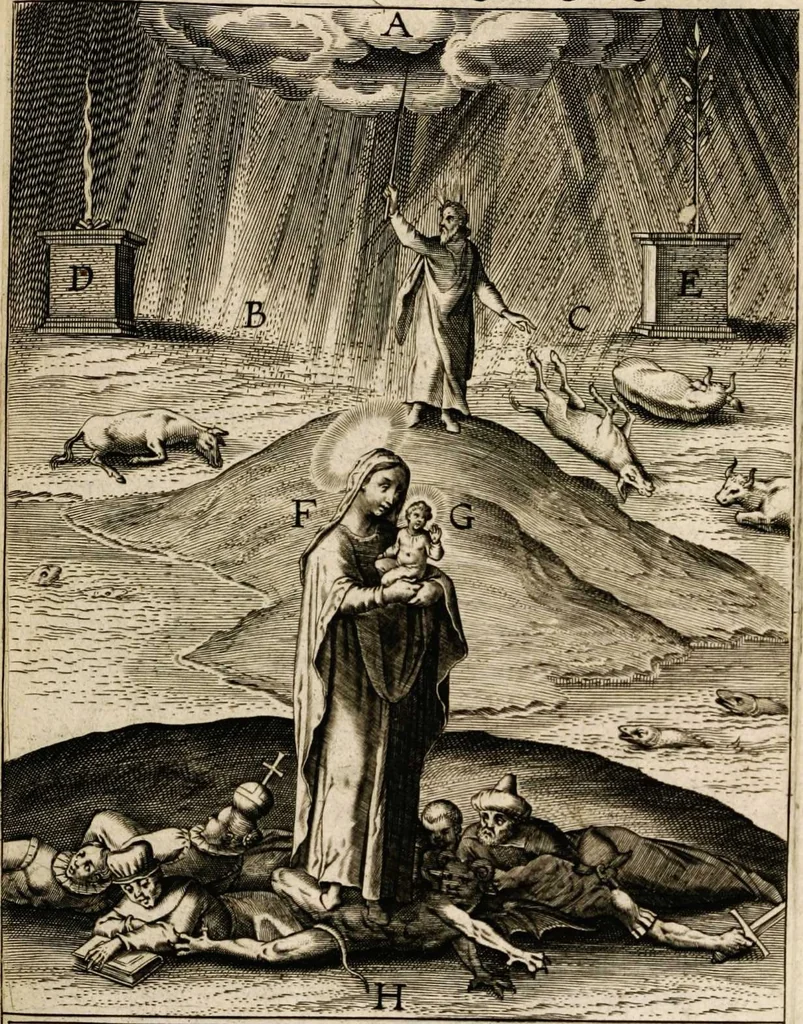 An illustration from Paradisus sponsi et sponsae in quo messis myrrhae et aromatum ex instrumentis ac mysterijs passionis Christi colligenda, vt ei commoriamur : et, Pancarpium Marianum, septemplici titulorum serie distinctum, vt in B. Virginis odorem curramus, et Christus formetur in nobis, 1618, leaf 489