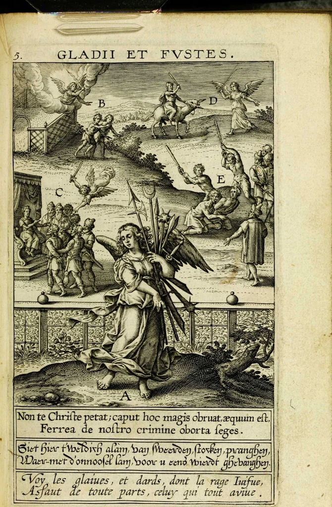 An illustration from Paradisus sponsi et sponsae in quo messis myrrhae et aromatum ex instrumentis ac mysterijs passionis Christi colligenda, vt ei commoriamur : et, Pancarpium Marianum, septemplici titulorum serie distinctum, vt in B. Virginis odorem curramus, et Christus formetur in nobis, 1618, leaf 49