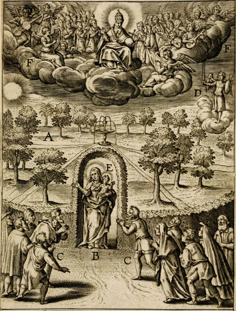 An illustration from Paradisus sponsi et sponsae in quo messis myrrhae et aromatum ex instrumentis ac mysterijs passionis Christi colligenda, vt ei commoriamur : et, Pancarpium Marianum, septemplici titulorum serie distinctum, vt in B. Virginis odorem curramus, et Christus formetur in nobis, 1618, leaf 531