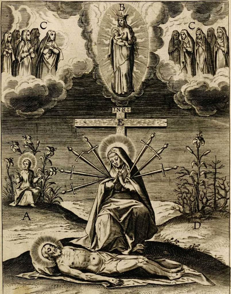 An illustration from Paradisus sponsi et sponsae in quo messis myrrhae et aromatum ex instrumentis ac mysterijs passionis Christi colligenda, vt ei commoriamur : et, Pancarpium Marianum, septemplici titulorum serie distinctum, vt in B. Virginis odorem curramus, et Christus formetur in nobis, 1618, leaf 543