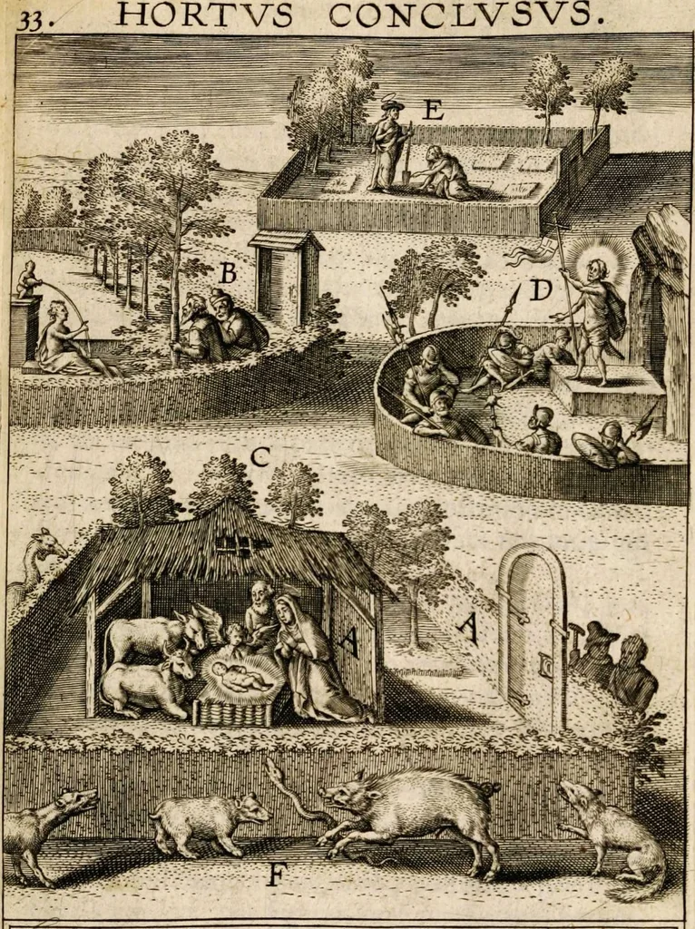 An illustration from Paradisus sponsi et sponsae in quo messis myrrhae et aromatum ex instrumentis ac mysterijs passionis Christi colligenda, vt ei commoriamur : et, Pancarpium Marianum, septemplici titulorum serie distinctum, vt in B. Virginis odorem curramus, et Christus formetur in nobis, 1618, leaf 555