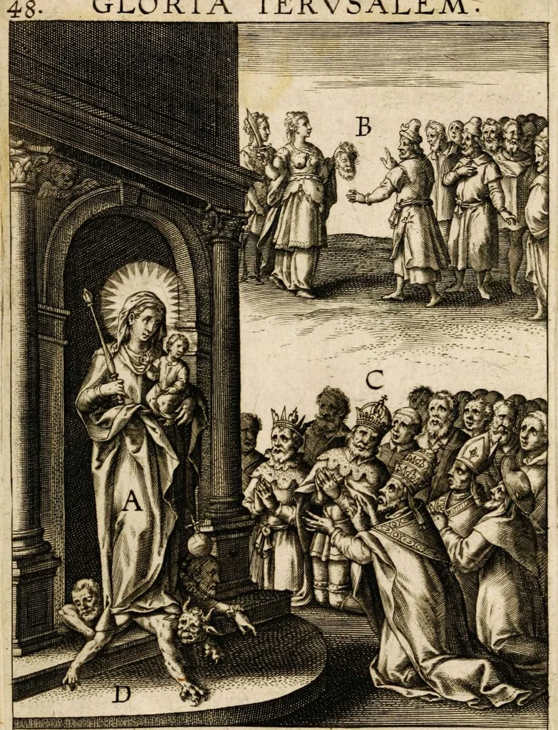 An illustration from Paradisus sponsi et sponsae in quo messis myrrhae et aromatum ex instrumentis ac mysterijs passionis Christi colligenda, vt ei commoriamur : et, Pancarpium Marianum, septemplici titulorum serie distinctum, vt in B. Virginis odorem curramus, et Christus formetur in nobis, 1618, leaf 645