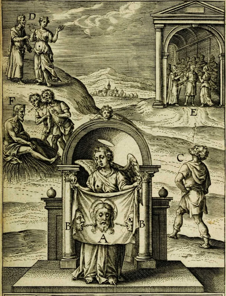 An illustration from Paradisus sponsi et sponsae in quo messis myrrhae et aromatum ex instrumentis ac mysterijs passionis Christi colligenda, vt ei commoriamur : et, Pancarpium Marianum, septemplici titulorum serie distinctum, vt in B. Virginis odorem curramus, et Christus formetur in nobis, 1618, leaf 91