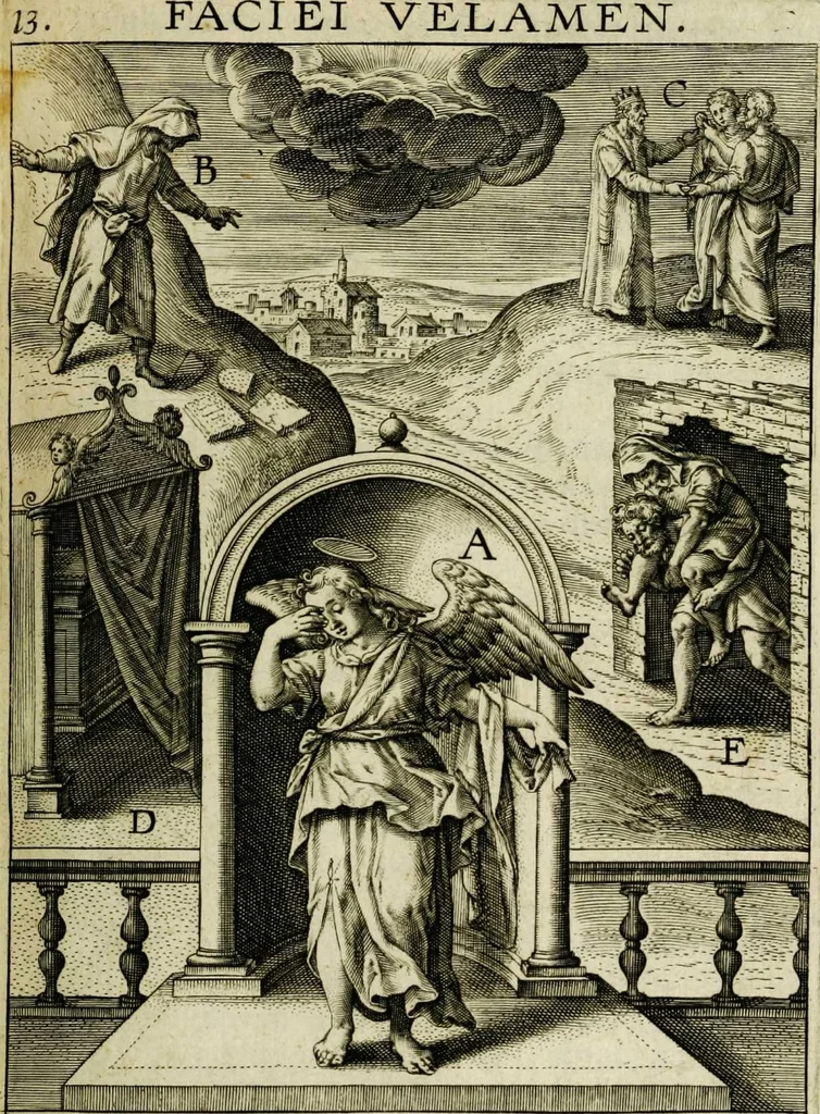 An illustration from Paradisus sponsi et sponsae in quo messis myrrhae et aromatum ex instrumentis ac mysterijs passionis Christi colligenda, vt ei commoriamur : et, Pancarpium Marianum, septemplici titulorum serie distinctum, vt in B. Virginis odorem curramus, et Christus formetur in nobis, 1618, leaf 97