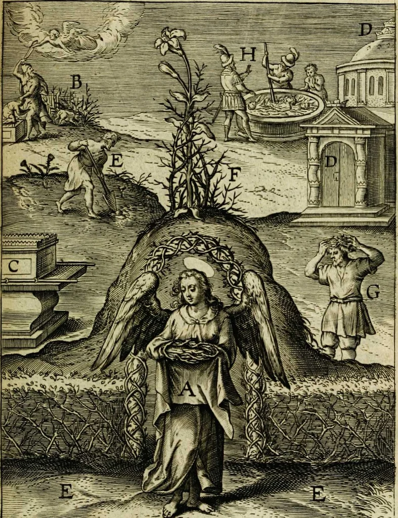 An illustration from Paradisus sponsi et sponsae: in quo messis myrrhae et aromatum ex instrumentis ac mysterijs passionis Christi colligenda, vt ei commoriamur : et, Pancarpium Marianum, septemplici titulorum serie distinctum, vt in B. Virginis odorem curramus, et Christus formetur in nobis, 1618, leaf 145