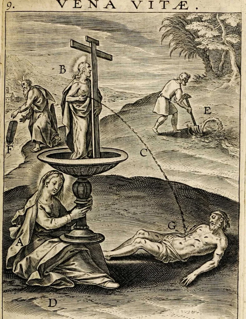 An illustration from Paradisus sponsi et sponsae: in quo messis myrrhae et aromatum ex instrumentis ac mysterijs passionis Christi colligenda, vt ei commoriamur : et, Pancarpium Marianum, septemplici titulorum serie distinctum, vt in B. Virginis odorem curramus, et Christus formetur in nobis, 1618, leaf 411
