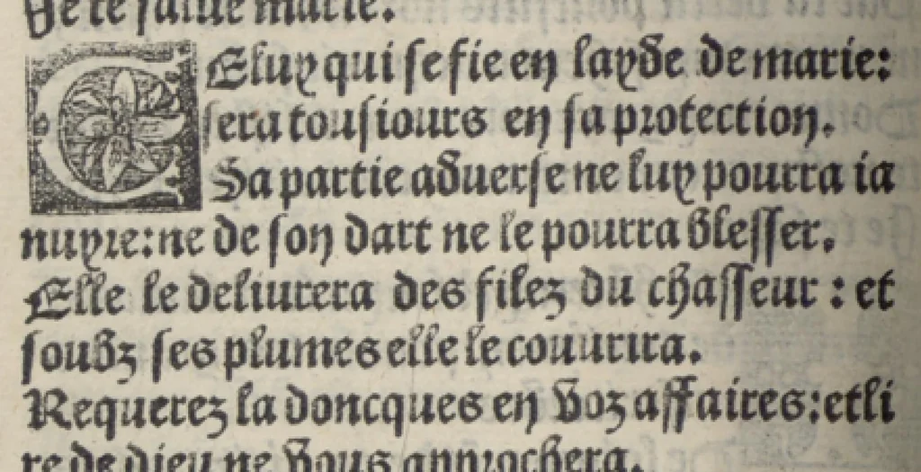 An illustration from Icy commence le psaultier de la tressacree Vierge Marie mere de Jesu Crist saulveur de tout lhumain lignage compose par le docteur seraphicque Monseigneur sainct Bonaventure evesque dalbanie et cardinal de Rome lequel a este nouvellement translate de latin en françoys a lhonneur et louenge dicelle tres digne Vierge., 1509, leaf 47