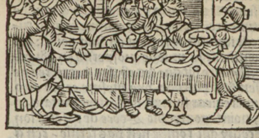 An illustration from Le mirouer du regime et gouvernement du corps & de lame : compose par le saige Caton senateur romain : auquel est comprins deux cens & ung commandement : soubz lesquelz sont comprinses plusieurs exemples aornees de plusieurs figures., 1543, leaf 101