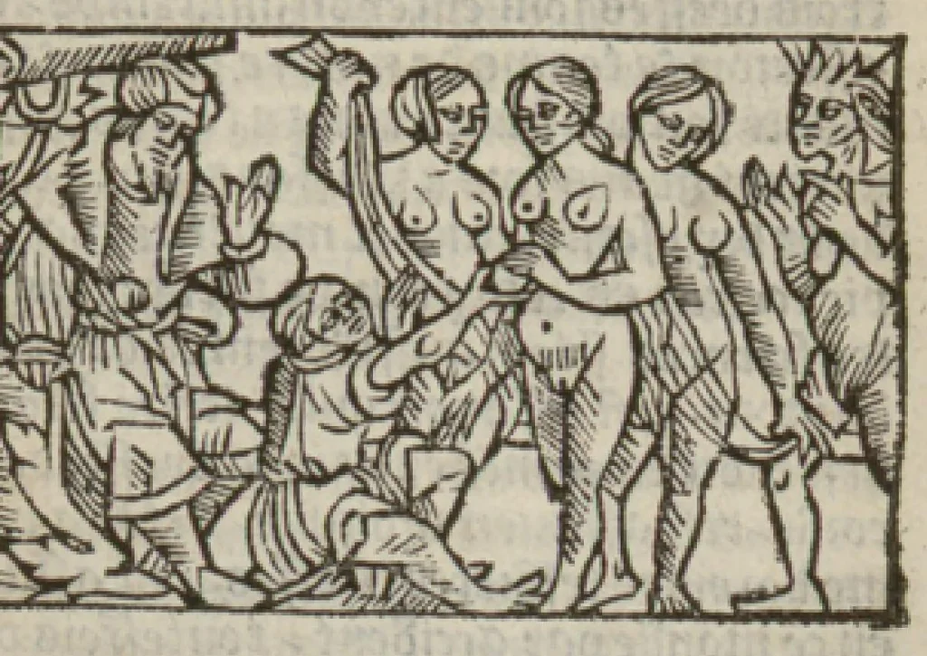 An illustration from Le mirouer du regime et gouvernement du corps & de lame : compose par le saige Caton senateur romain : auquel est comprins deux cens & ung commandement : soubz lesquelz sont comprinses plusieurs exemples aornees de plusieurs figures., 1543, leaf 106